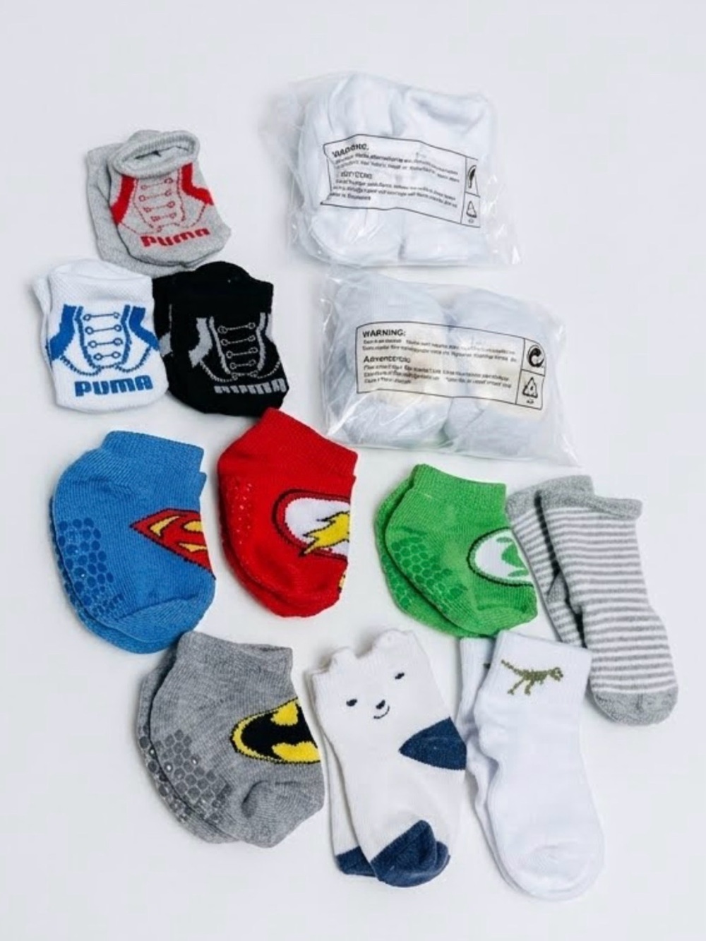 Baby Boy Socks & Booties Bundle 12pk Size 3-6M Puma, DC Comics Superheroes